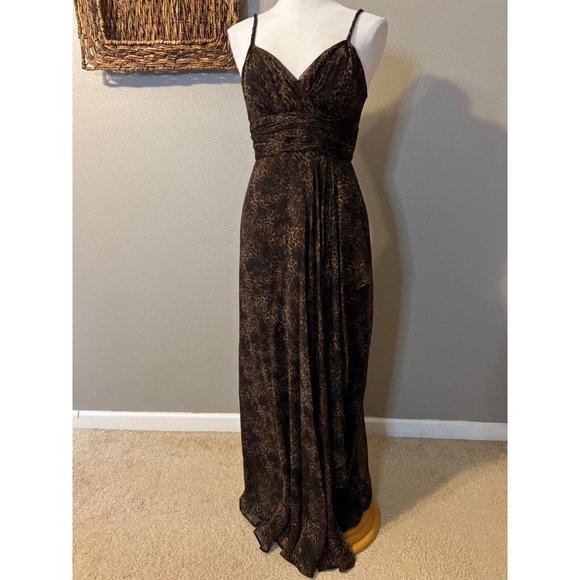 Teri Jon SIlk Maxi Dress 4 Small Black Brown Strappy Flowy Ruffle Y2K - Picture 6 of 13